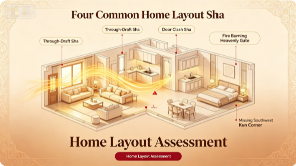 Four Common Home Layout Sha: Through-Draft Sha, Door Clash Sha, Fire Burning Heavenly Gate & Missing Southwest Kun Corner feng shui house layout diagram
