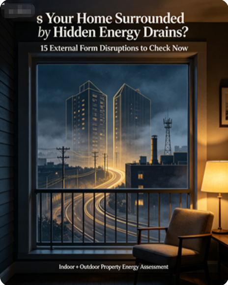 Feng shui blog graphic, view from apartment window showing external form disruptions including road arrow, sky‑split buildings and cell tower, hidden home energy drains