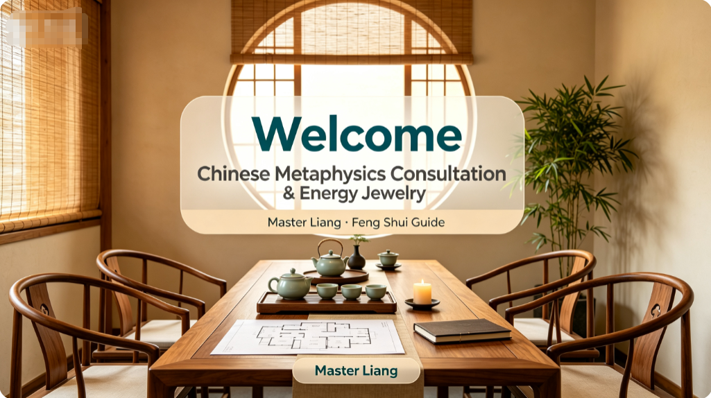 Welcome banner, traditional Chinese tea room for Master Liang, Chinese metaphysics consultation and energy jewelry service