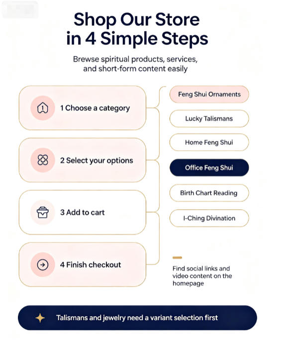 Step‑by‑step shopping guide graphic for feng shui ornaments, talismans and spiritual consultation services